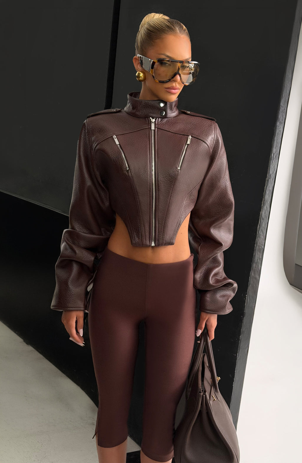 Mónica™ - Chaqueta con Cuello Mao Marrón Ciruela