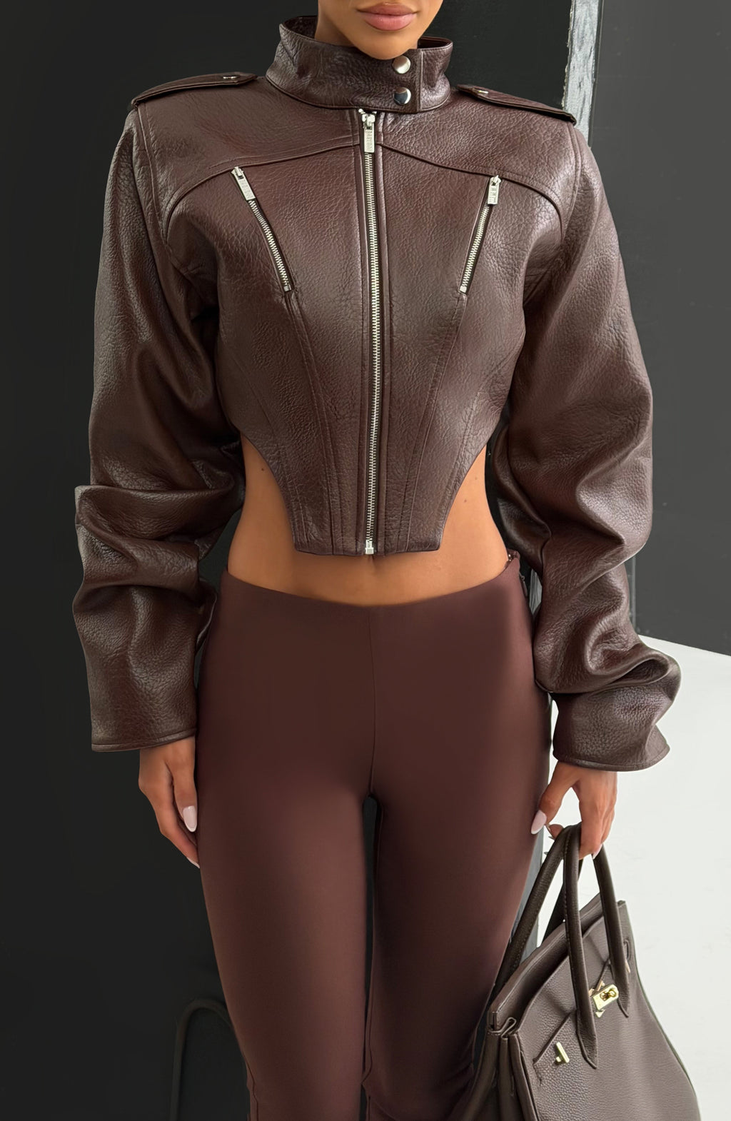 Mónica™ - Chaqueta con Cuello Mao Marrón Ciruela
