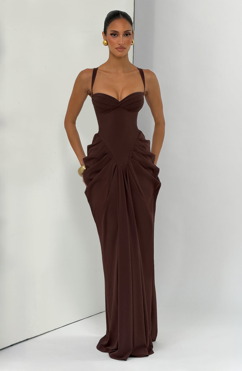Luciana™ - Vestido Largo de Chifón con Volumen Marrón Ciruela