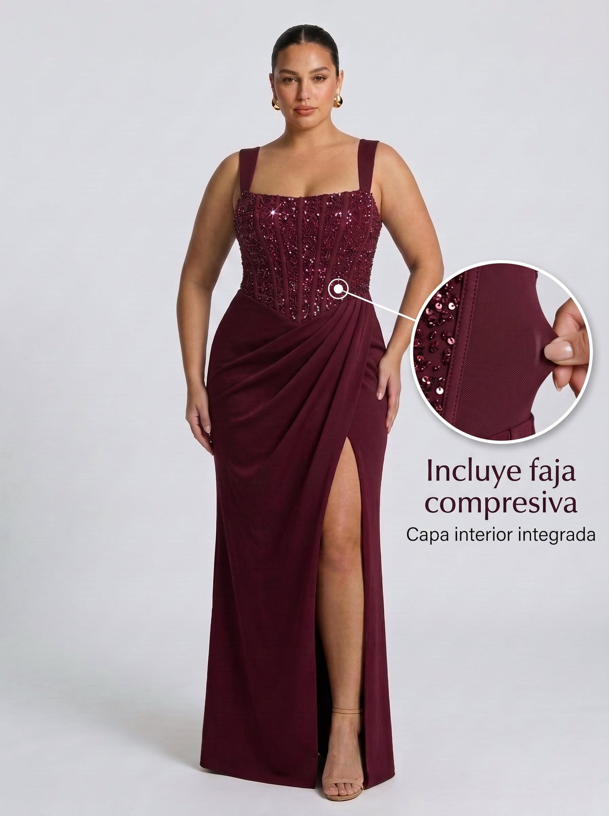 Nai™ en burdeos, vestido largo con corsé y faja compresiva, abertura en la pierna, detalle de la faja integrada