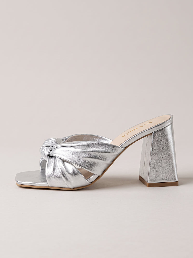 Zaira™ - Sandalias Mule de Tacón Cuadrado con Nudo Plateadas