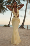 Sofía™ en amarillo limón, vestido largo de chifón, cuello halter