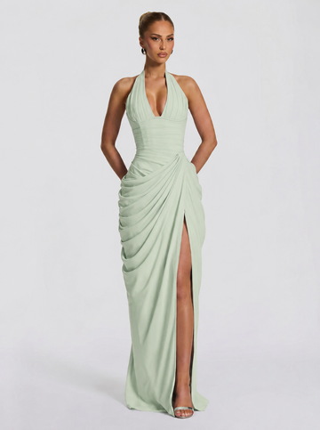 Anna™ - Vestido Largo de Chifón Verde Salvia