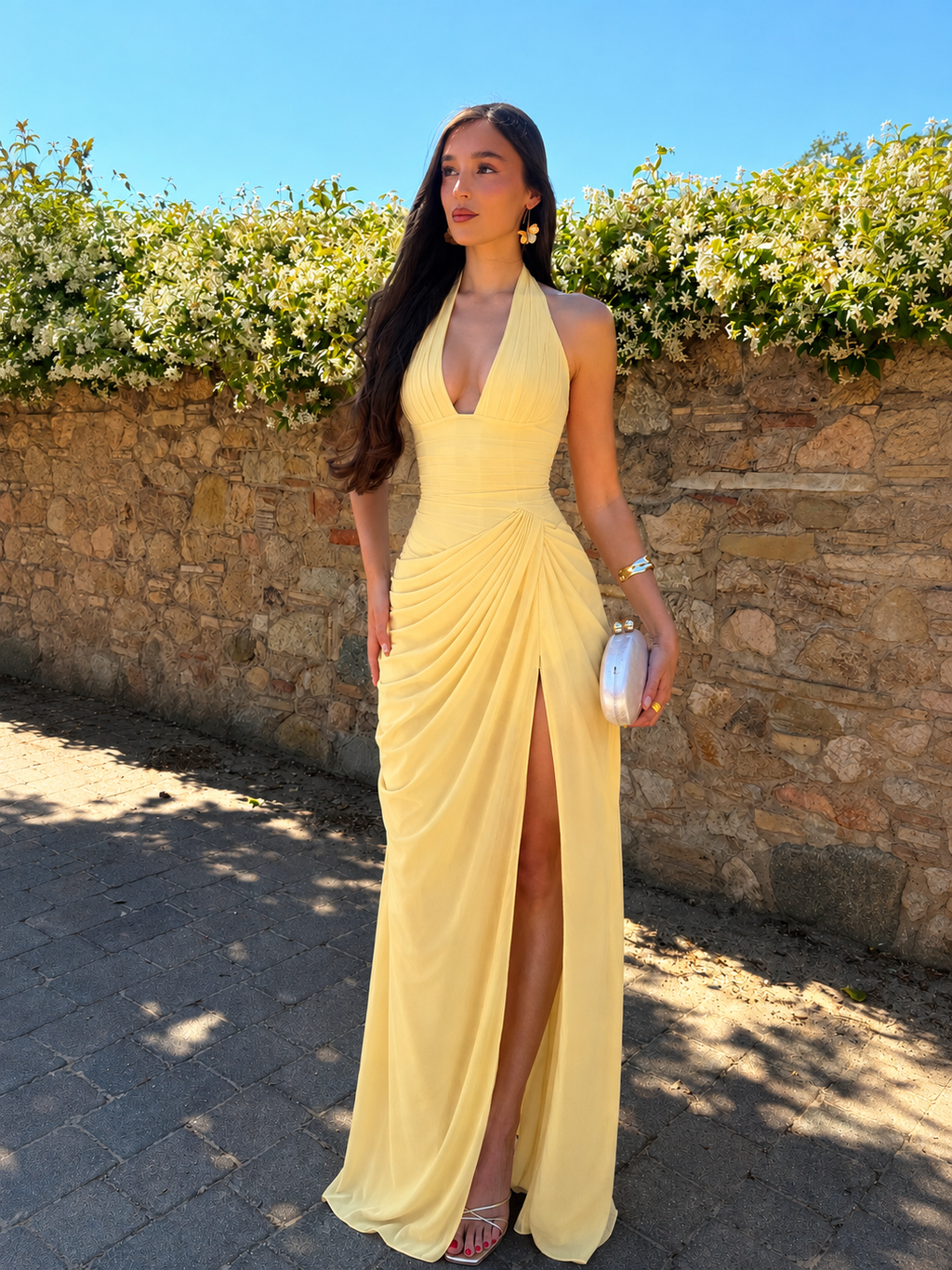Anna™ en amarillo, vestido largo de chifón, con corsé