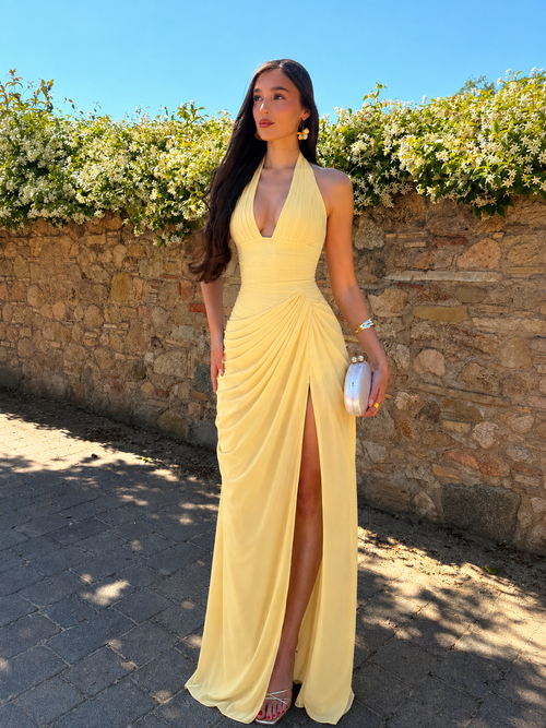 Anna™ en amarillo, vestido largo de chifón, con corsé