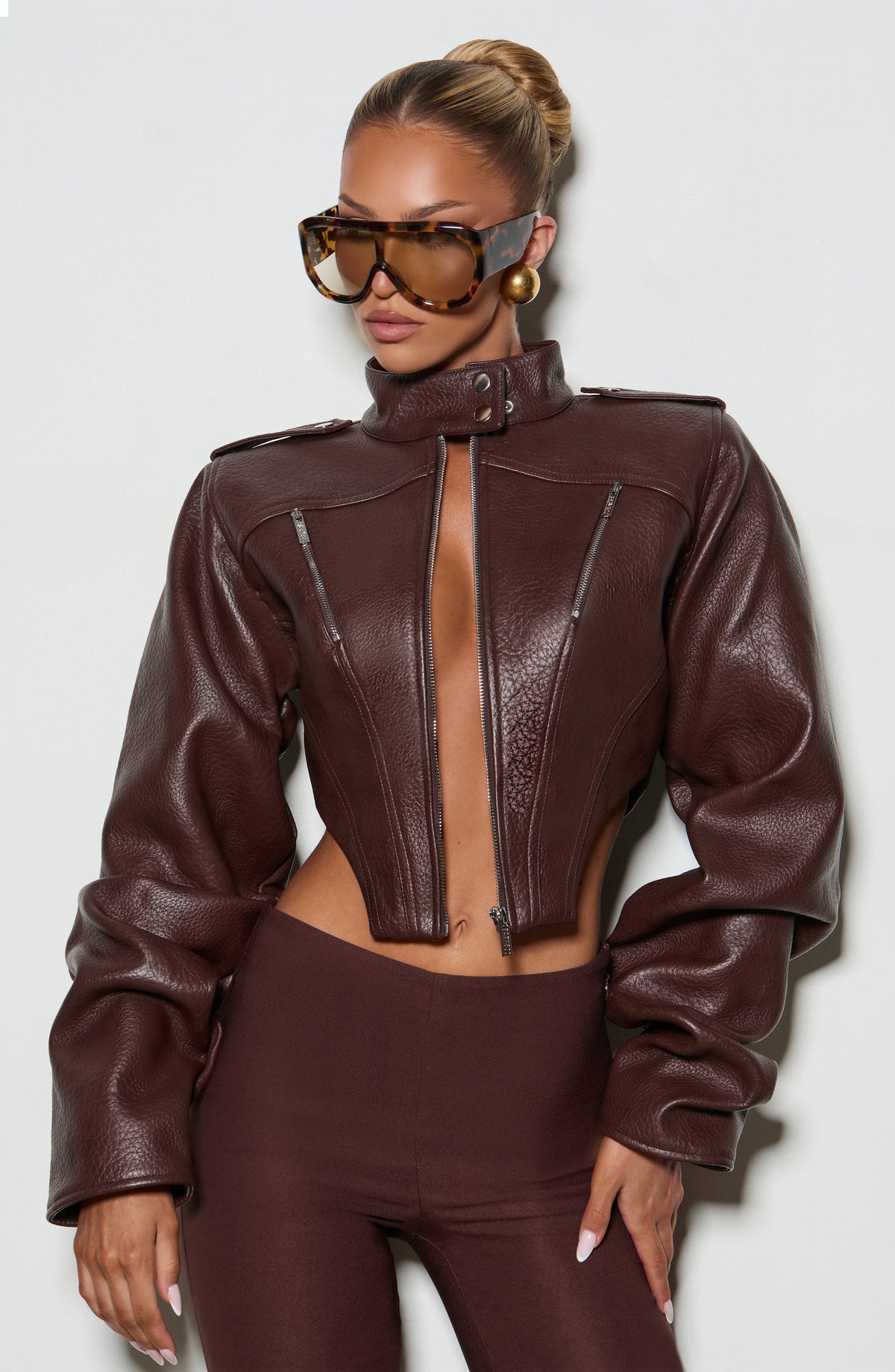 Mónica™ - Chaqueta con Cuello Mao Marrón Ciruela