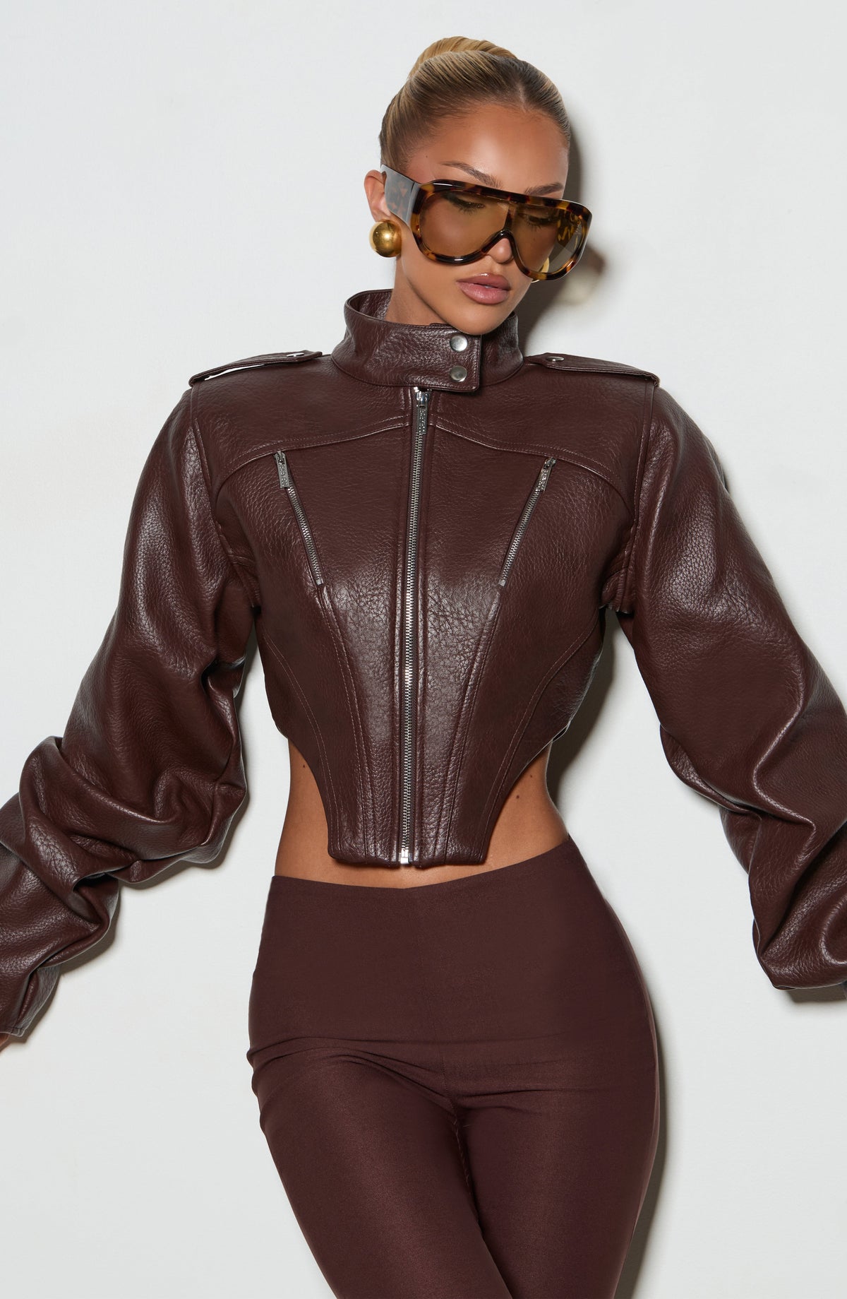 Mónica™ - Chaqueta con Cuello Mao Marrón Ciruela