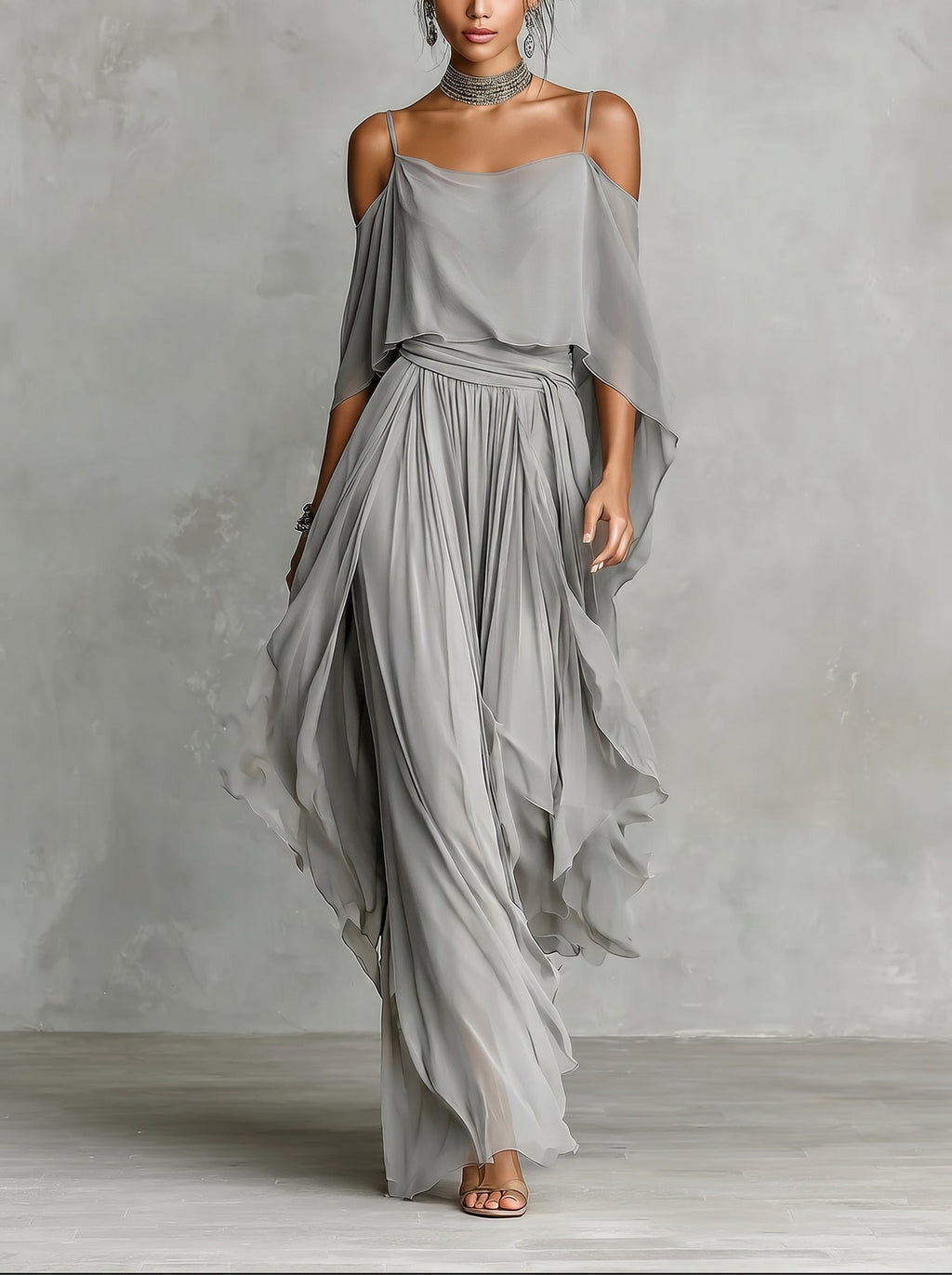 Iria™ en gris, conjunto de chifón bardot