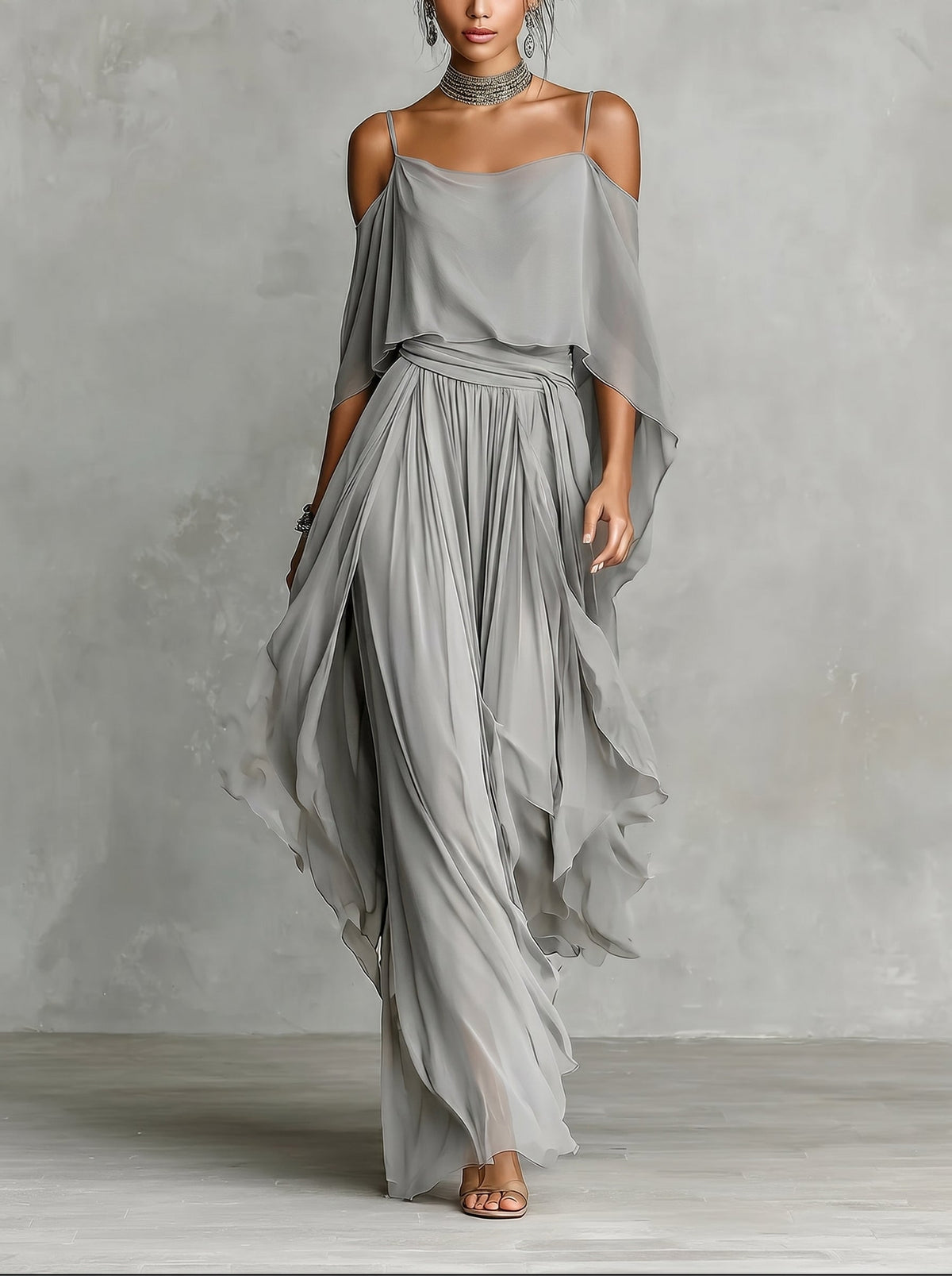 Iria™ en gris, conjunto de chifón bardot