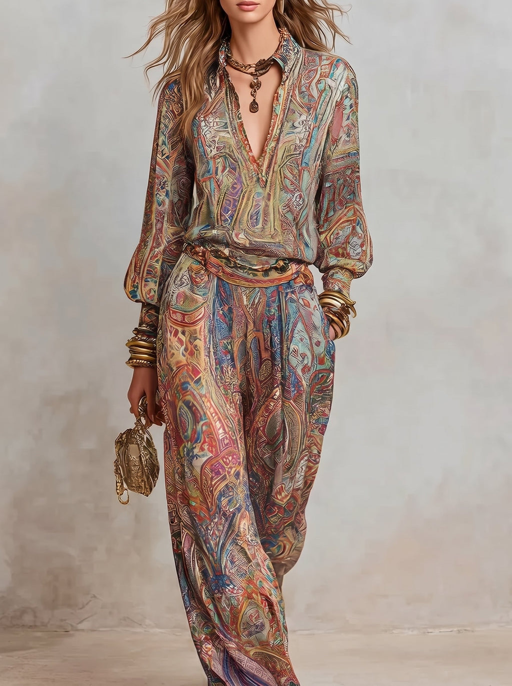 Mujer con conjunto de estampado paisley Maya™ para una comunión, foto 3