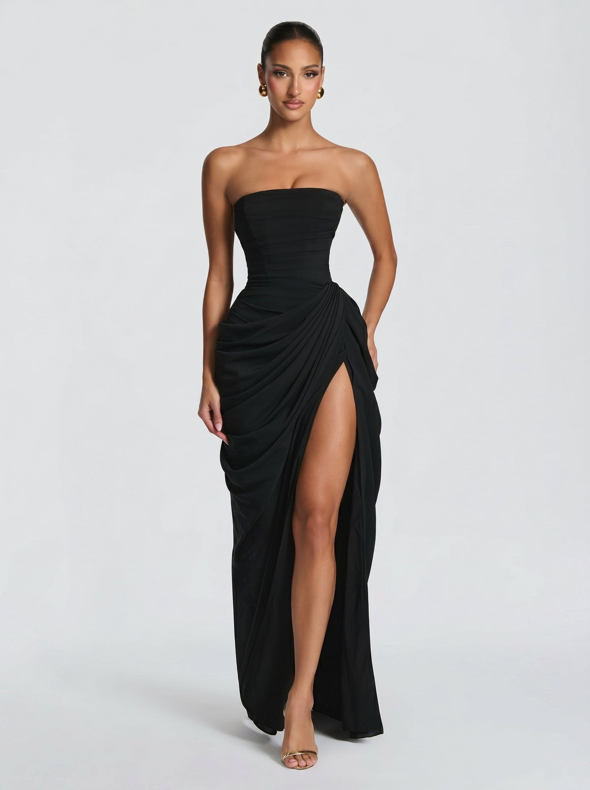 Vestido largo de invitada de boda negro de chifón - Cyra™ Ana Ibiza