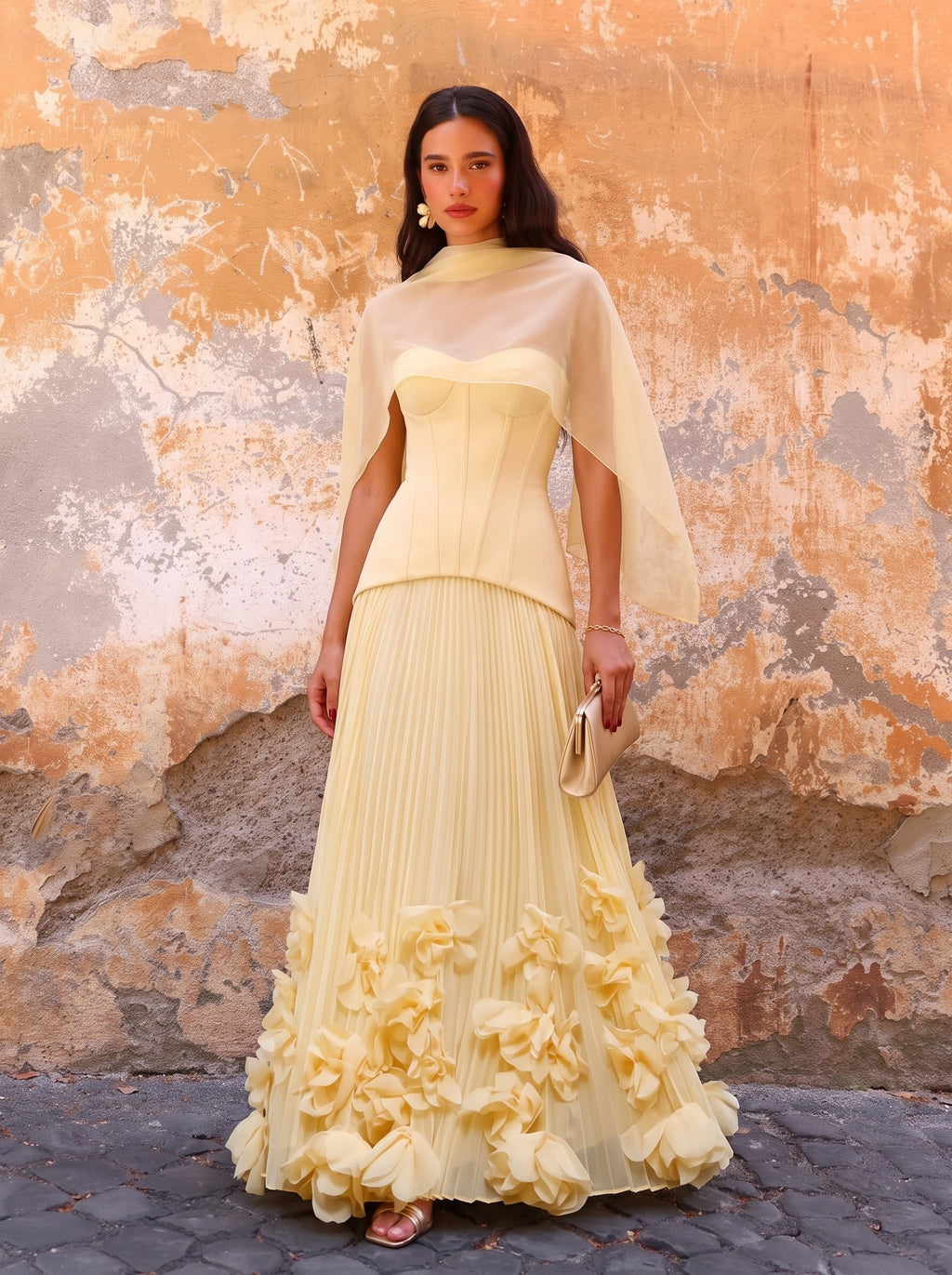 Serena™ en amarillo limón, vestido largo con bordado floral, palabra de honor