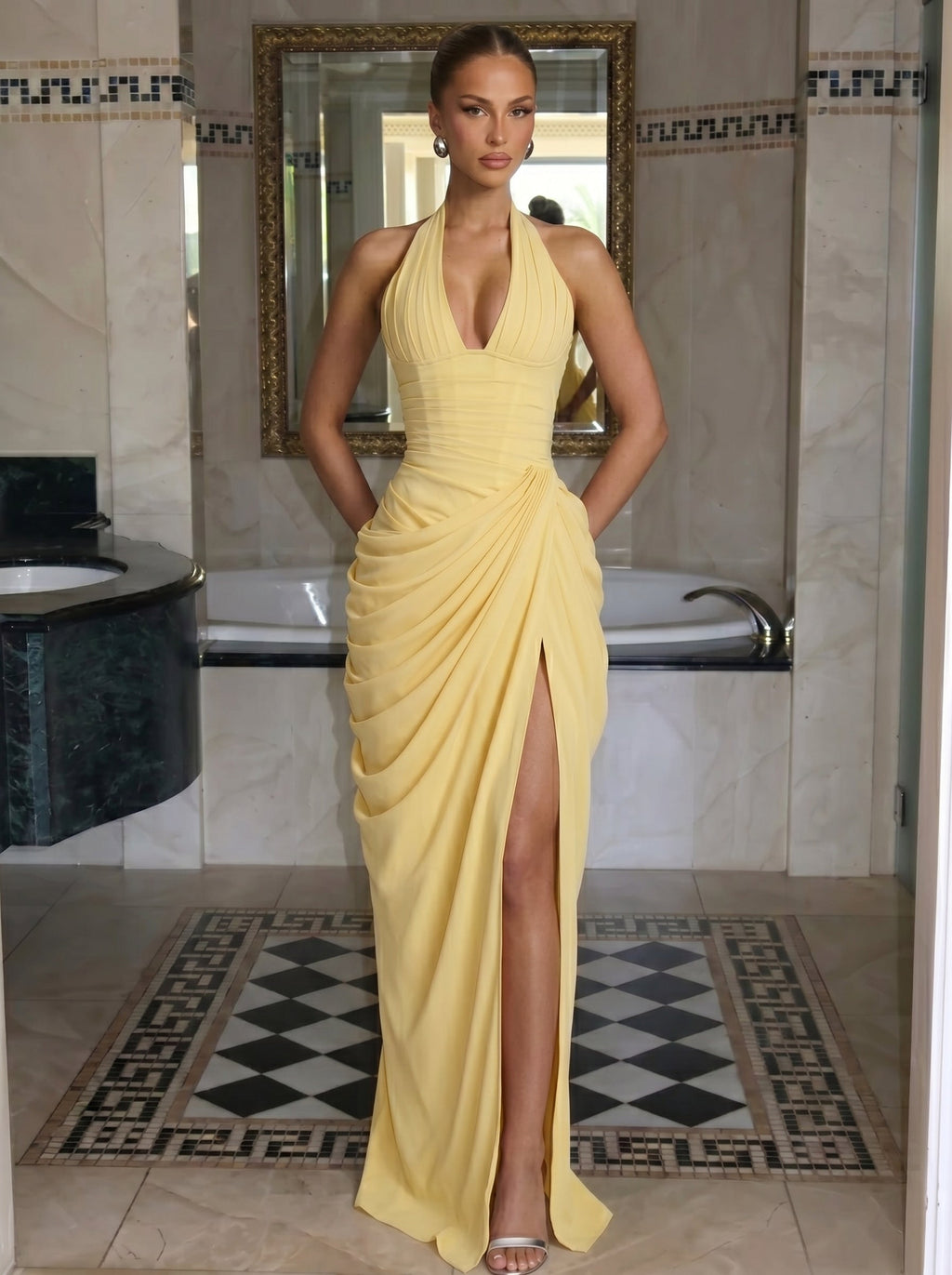 Vestido de evento Anna™ amarillo con cuello halter, foto 4