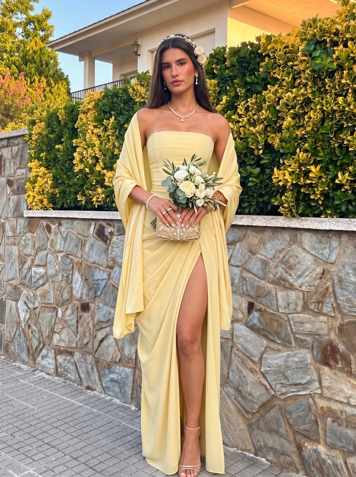 Cyra™ en amarillo, vestido largo de chifón, con corsé
