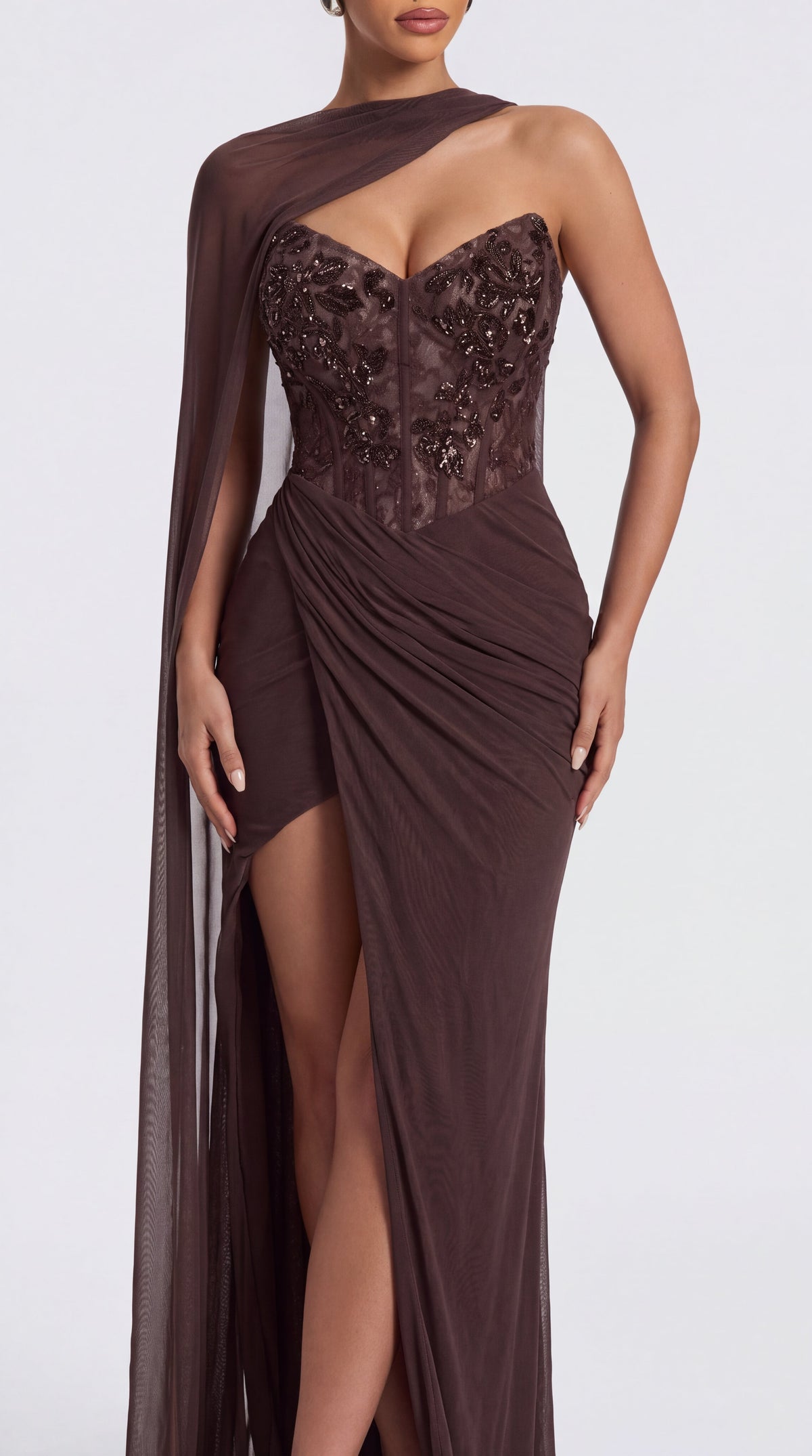 Vestido de evento Leonarda™ marrón con abertura en la pierna, foto 4