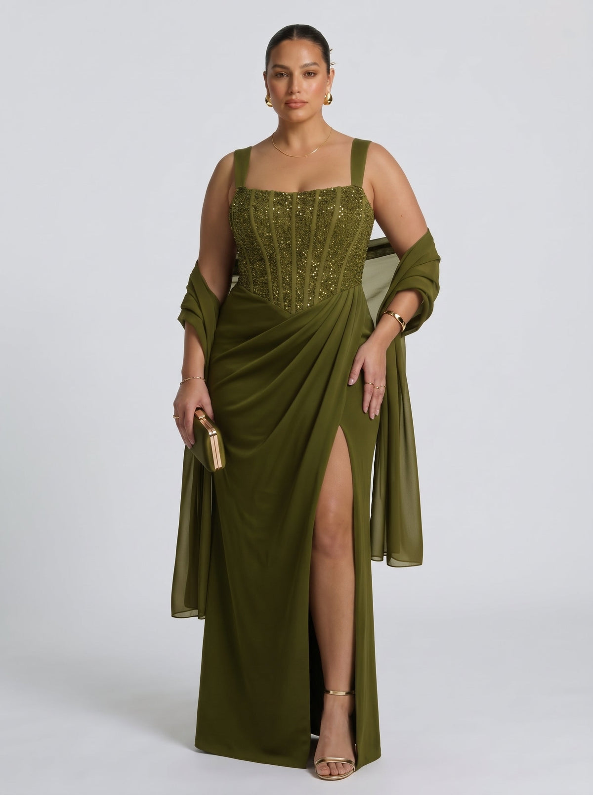 Nai™ - Vestido Largo con Corsé y Faja Compresiva Verde Oliva