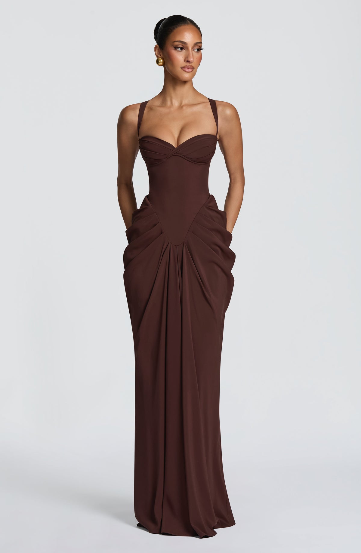 Luciana™ - Vestido Largo de Chifón con Volumen Marrón Ciruela