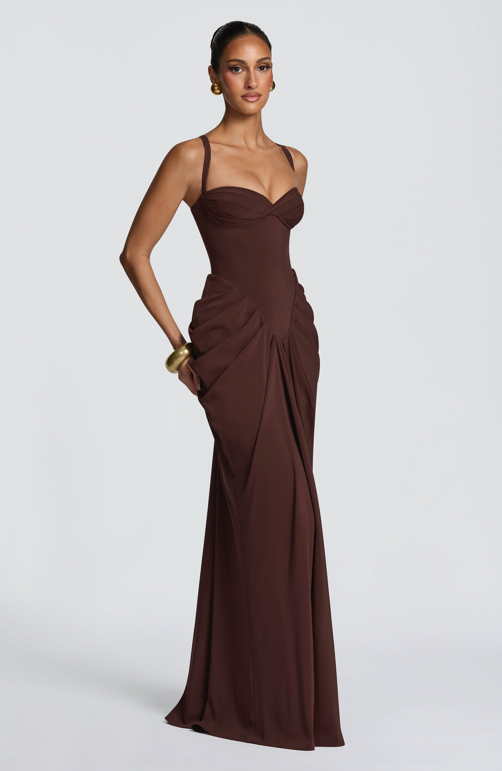 Luciana™ - Vestido Largo de Chifón con Volumen Marrón Ciruela