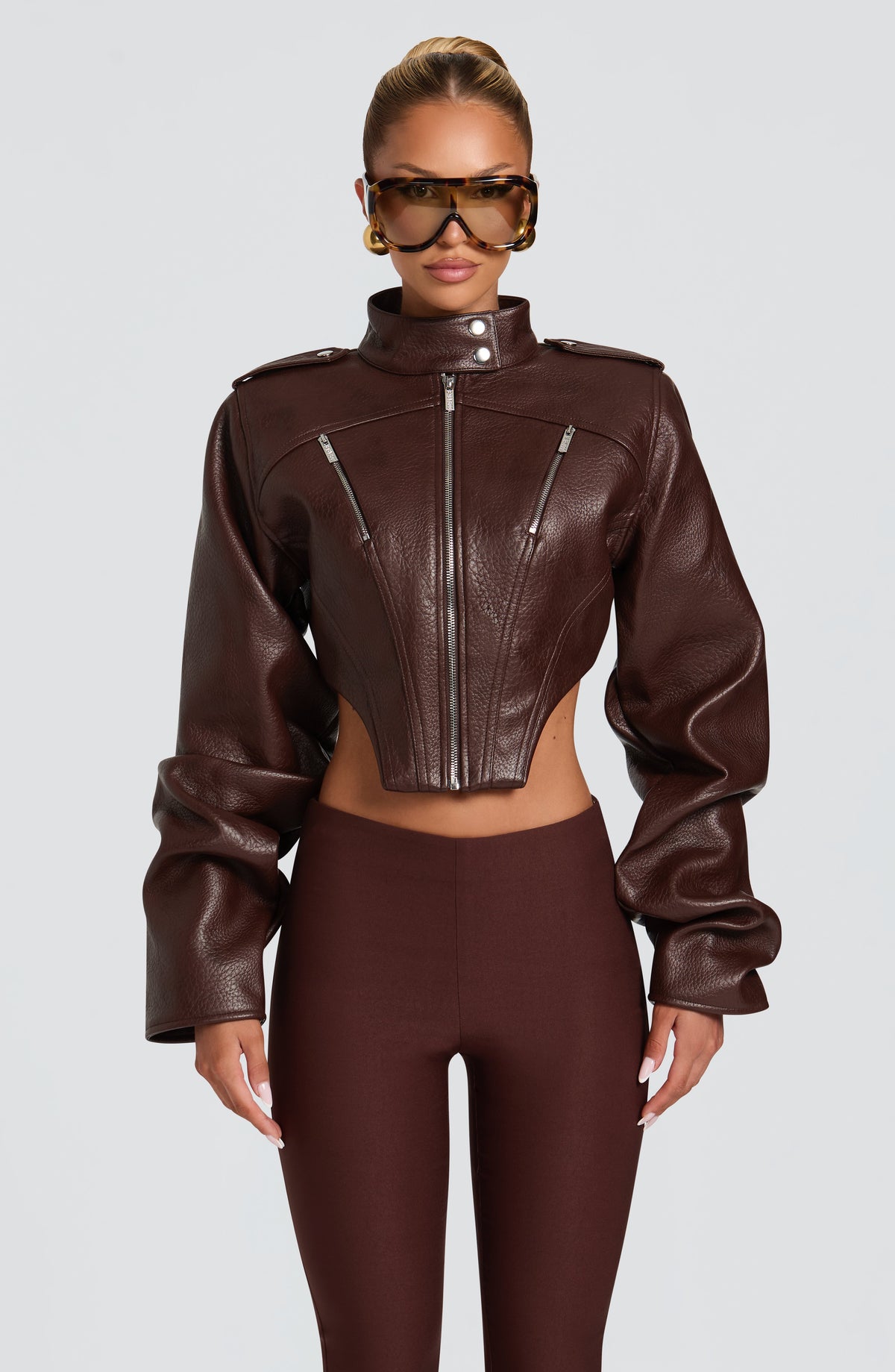 Mónica™ - Chaqueta con Cuello Mao Marrón Ciruela