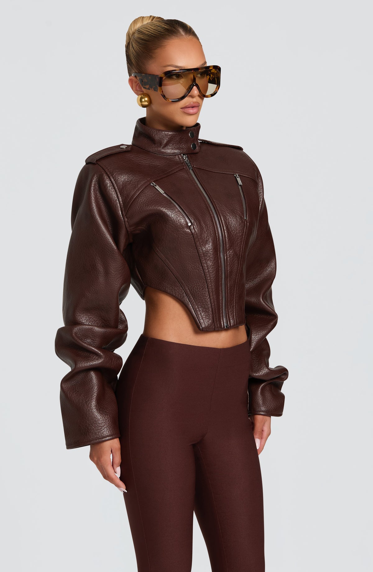 Mónica™ - Chaqueta con Cuello Mao Marrón Ciruela