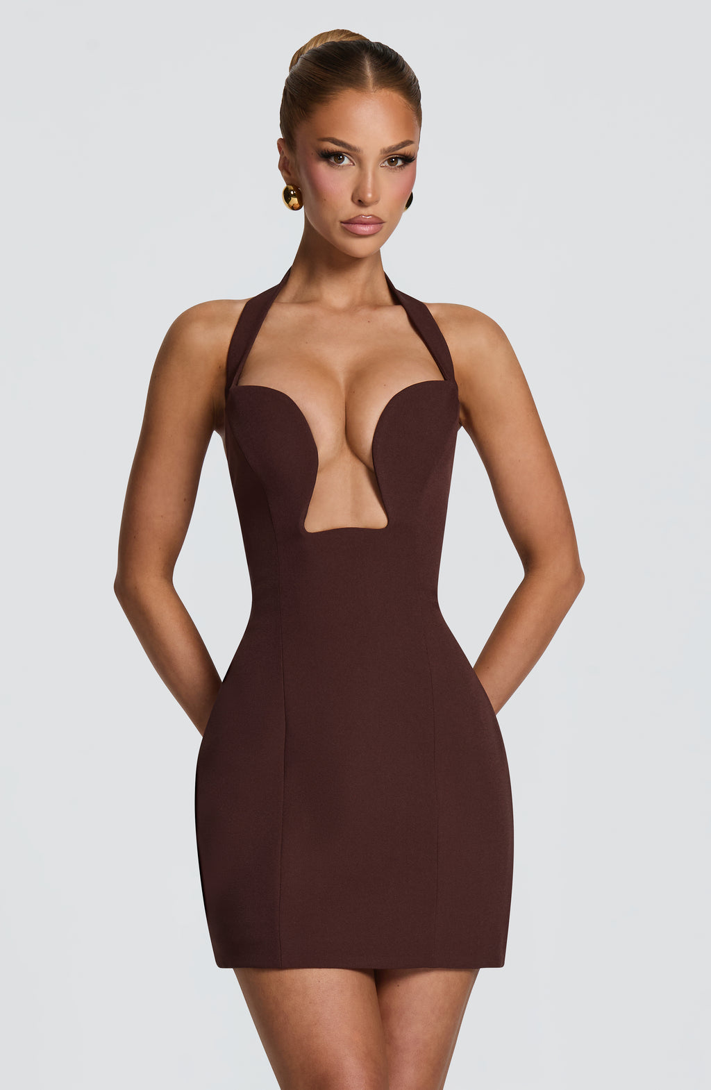 Charlotte™ - Vestido Corto Halter Marrón Ciruela