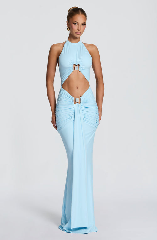Vestido largo de fiesta celeste con herrajes - Aitana™ Ana Ibiza