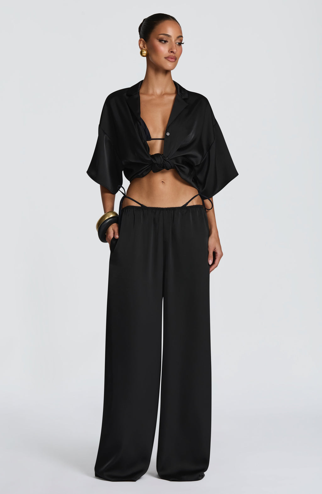 Pantalón palazzo de satén negro de fiesta - Soraya™ Ana Ibiza