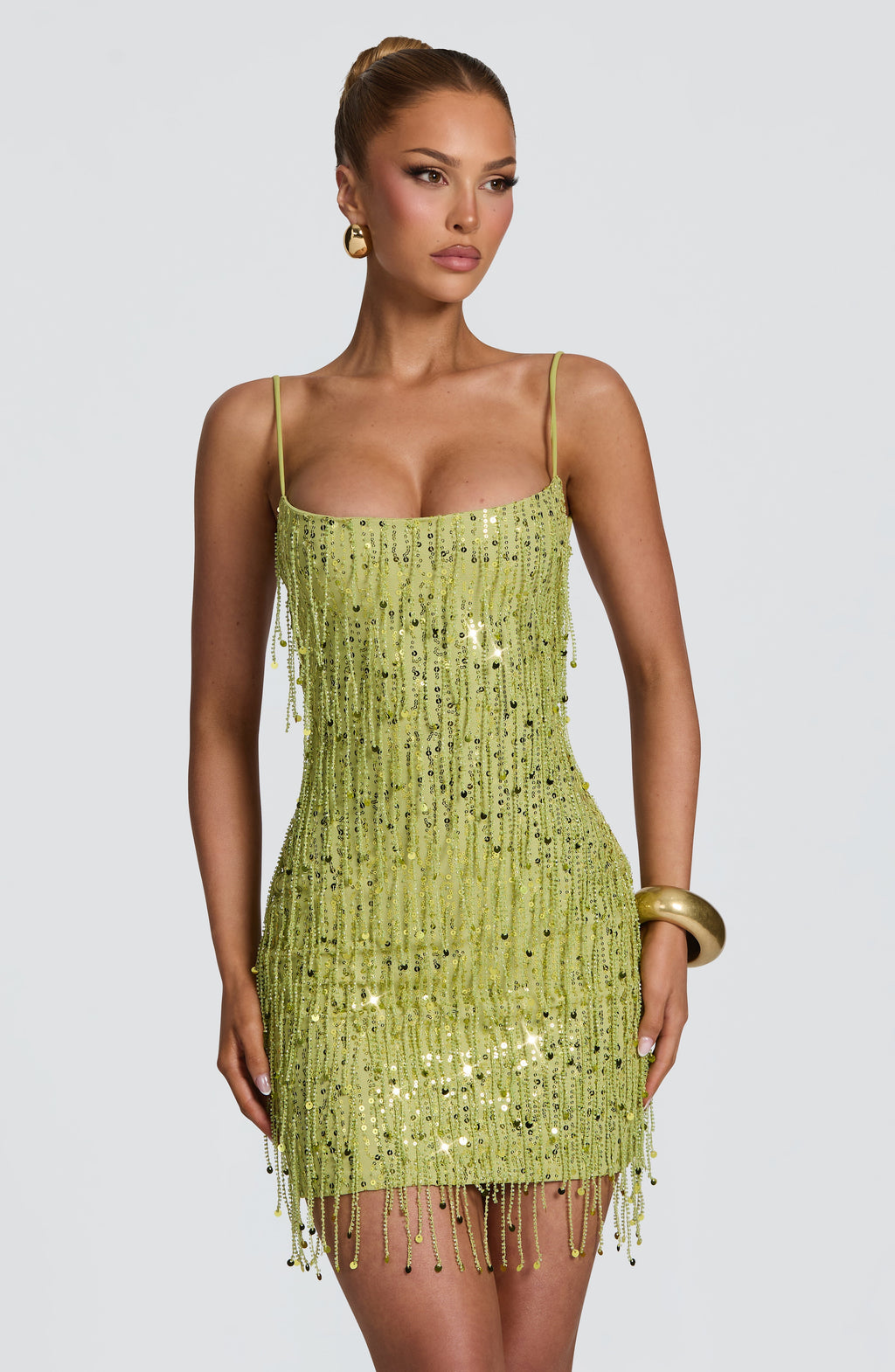 Vestido corto de cóctel oliva de flecos - Blanca™ Ana Ibiza