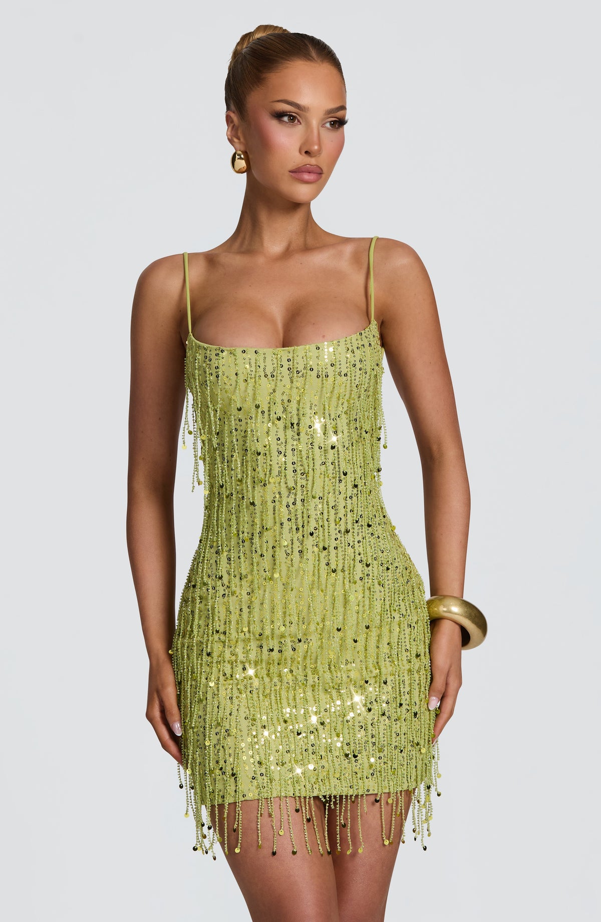Vestido corto de cóctel oliva de flecos - Blanca™ Ana Ibiza