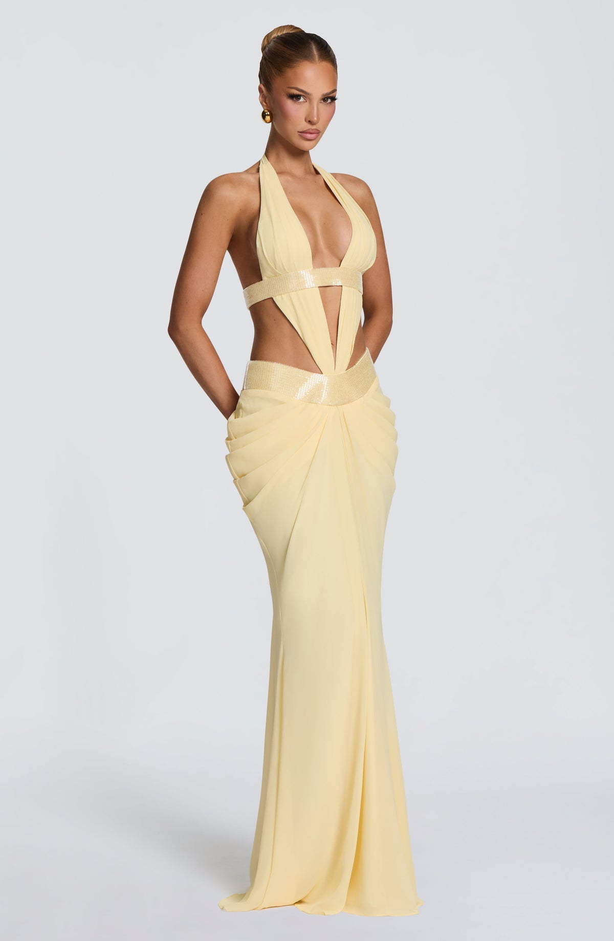 Vestido de evento Sofía™ amarillo limón con escote en V, foto 4