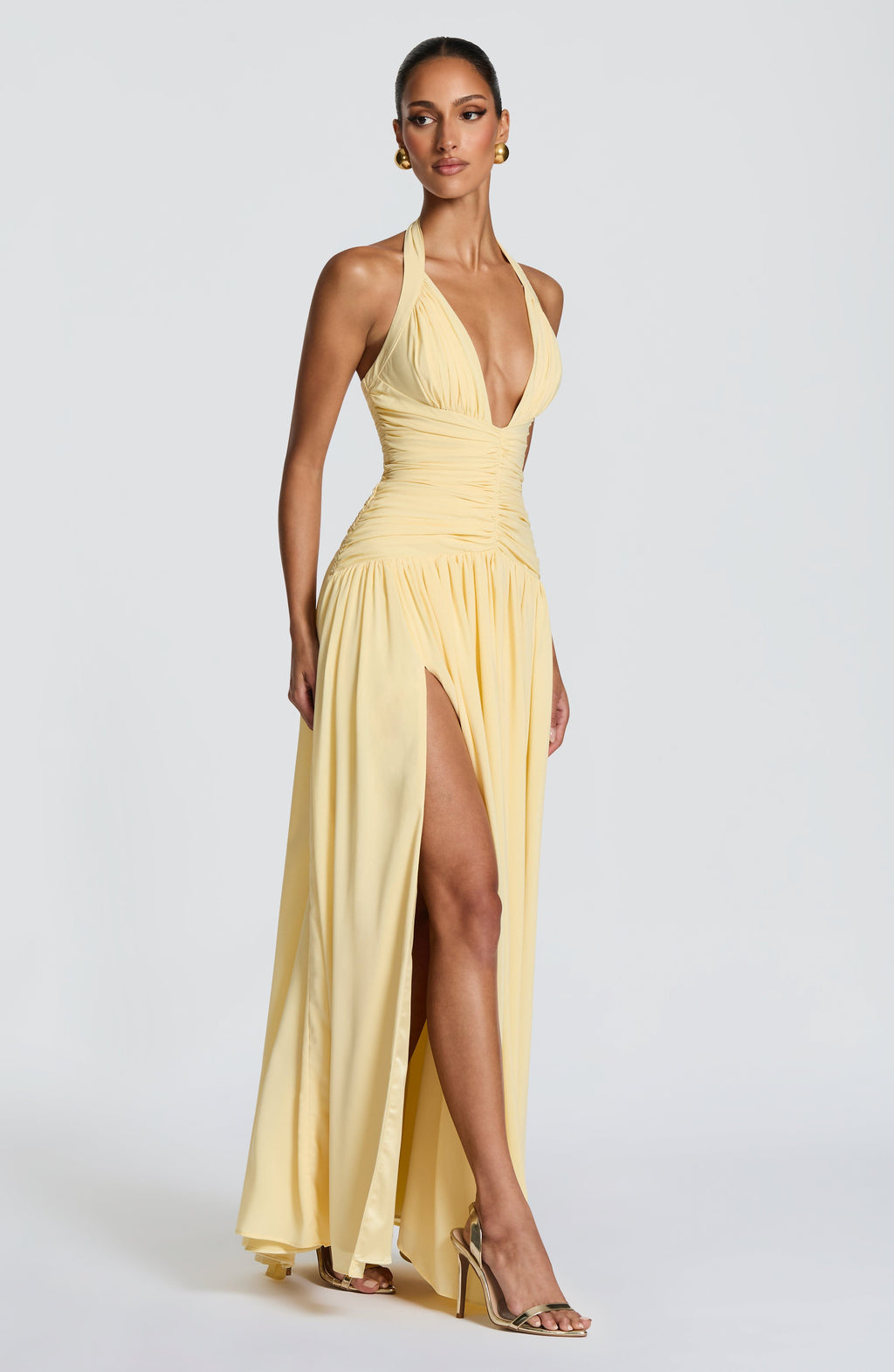 Amaia™ en amarillo limón, vestido largo de chifón, con corsé