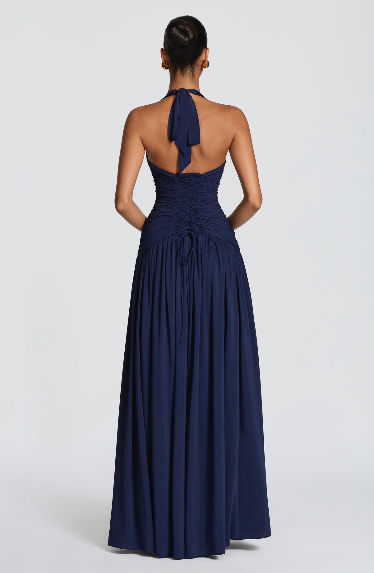 Amaia™ en azul marino, vestido largo de chifón, con corsé