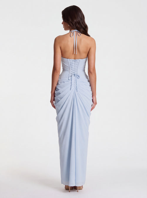 Vestido Anna celeste – espalda abierta con corsé de lazada