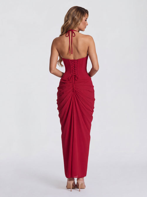 Vestido Anna rojo – espalda abierta con corsé de lazada