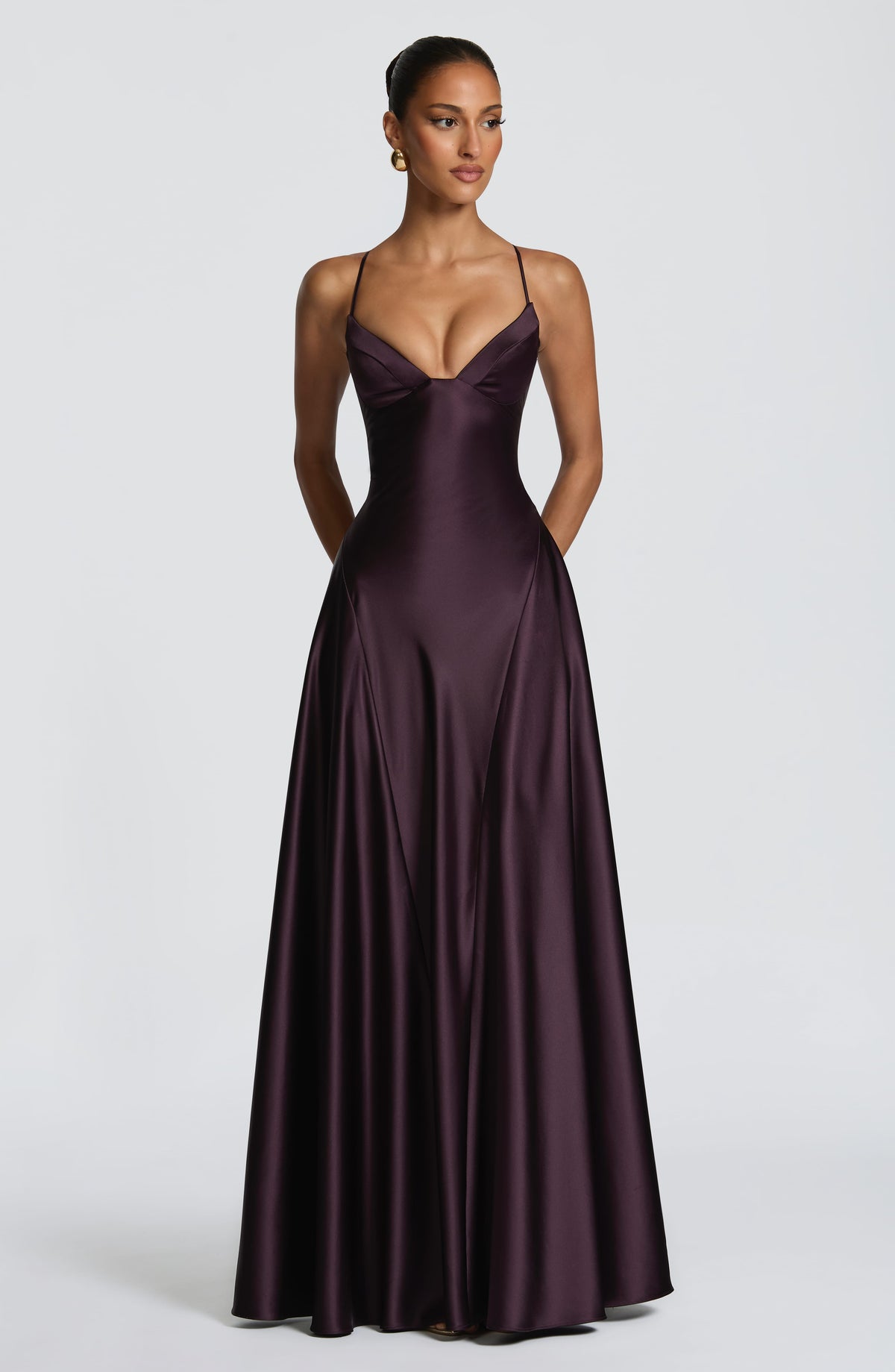 Natalia™ - Vestido Largo de Satén con Lazada Ciruela