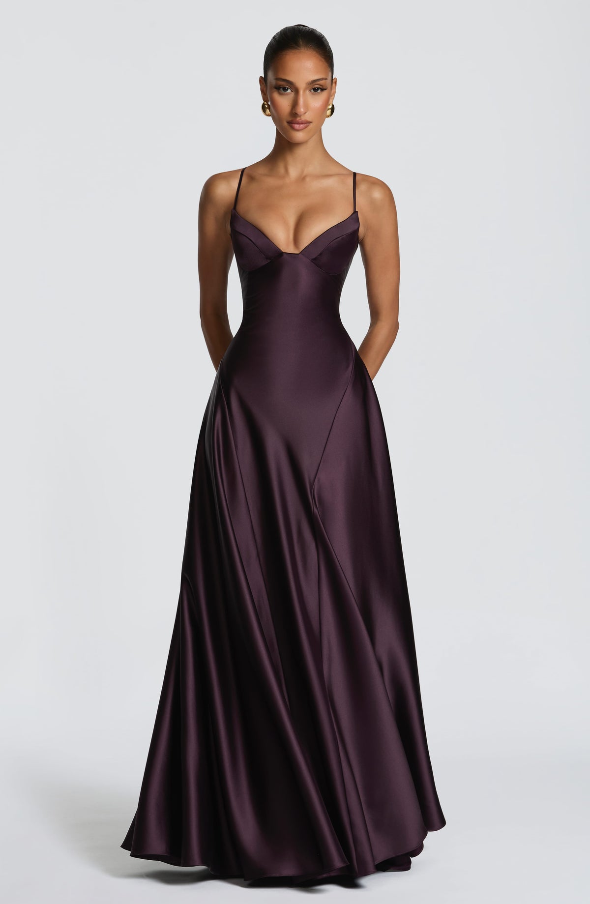Natalia™ - Vestido Largo de Satén con Lazada Ciruela