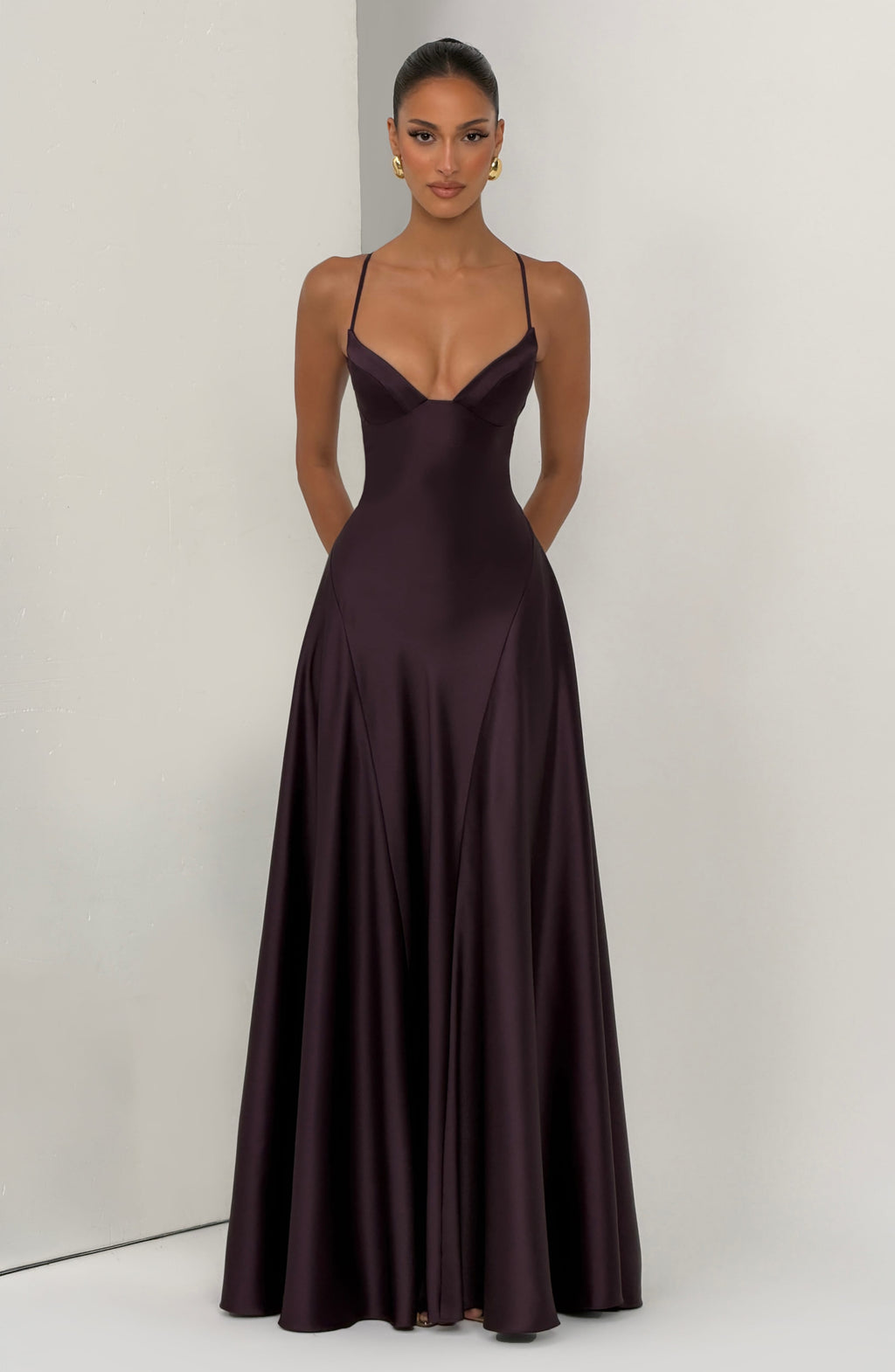 Natalia™ - Vestido Largo de Satén con Lazada Ciruela