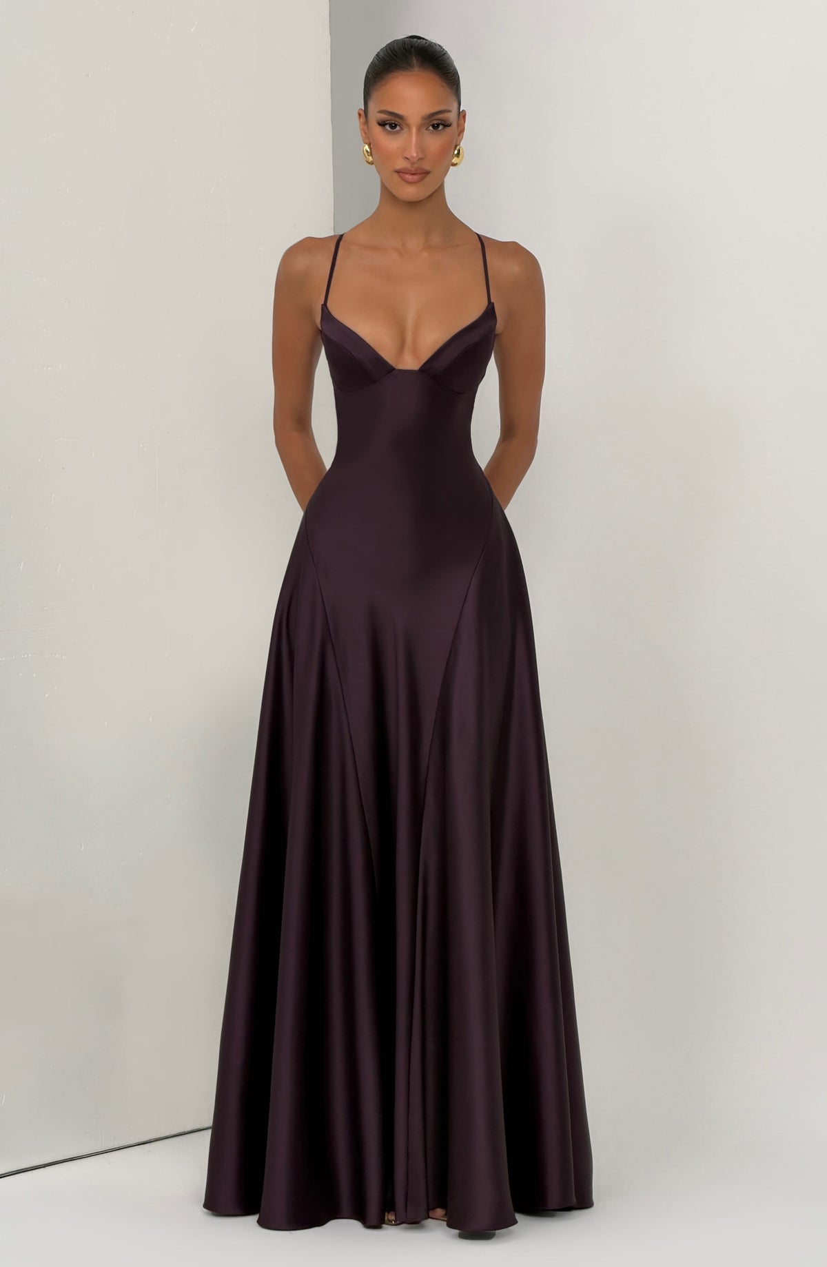 Natalia™ - Vestido Largo de Satén con Lazada Ciruela