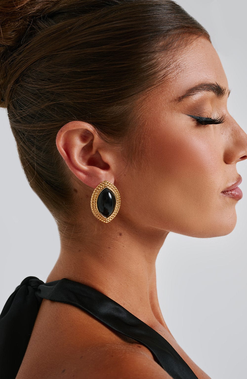 Yolanda™ - Pendientes Elípticos con Piedra Negros y Dorados