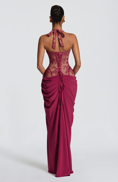 Beatriz™ en morado, vestido largo de encaje, con corsé