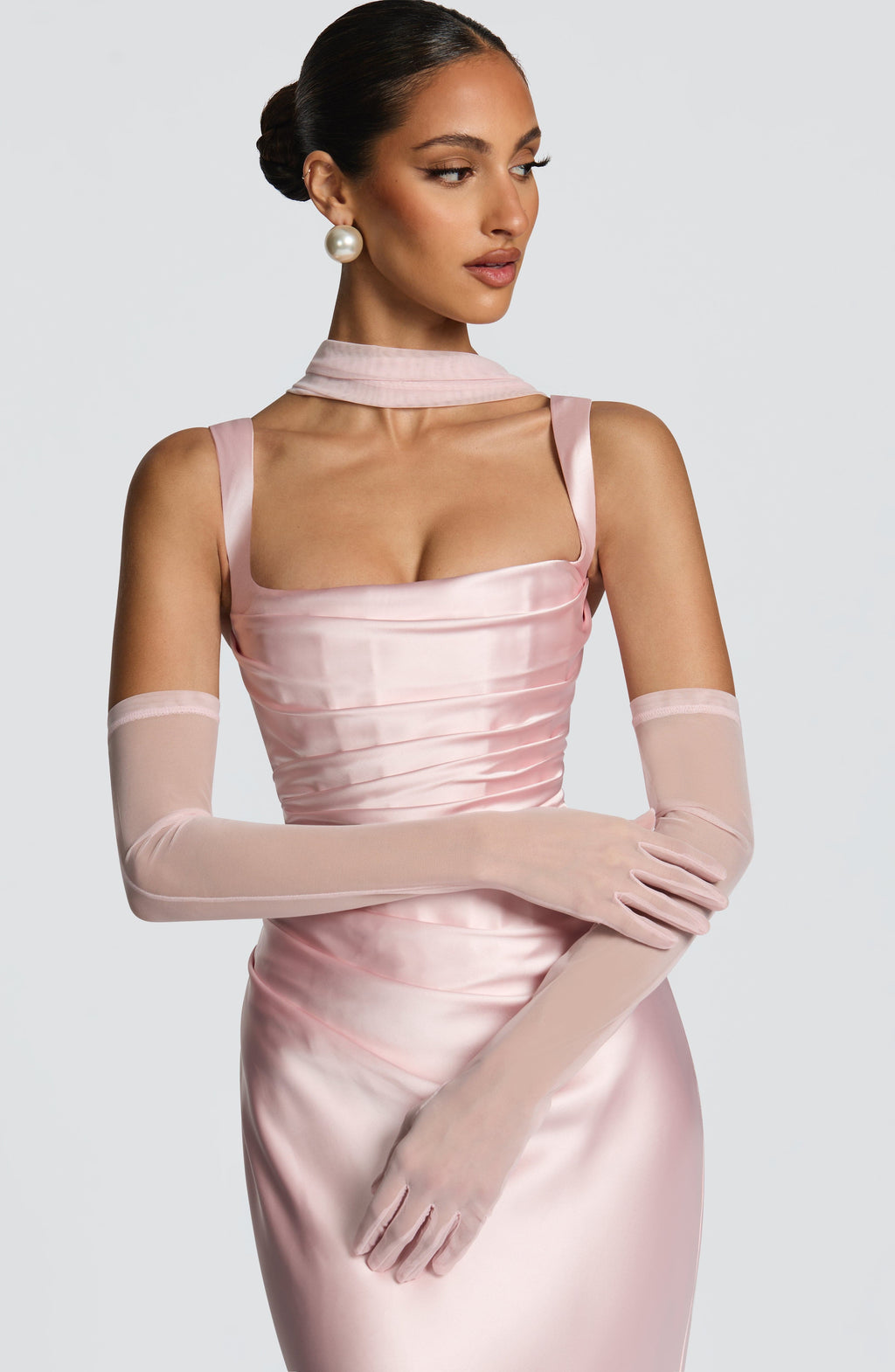 Vestido largo de satén Carlota™ rosa con corsé, foto 9