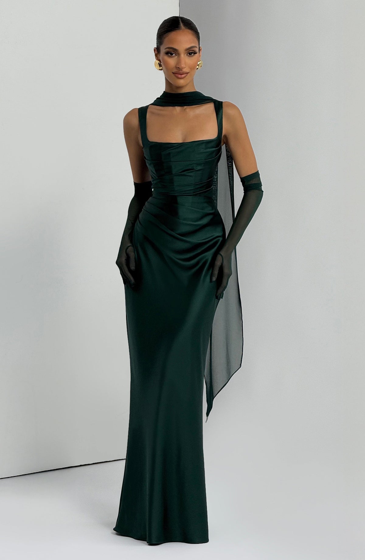 Vestido de satén Carlota™ esmeralda con corsé, foto 9