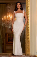 Carlota™ en marfil, vestido largo bordado, con corsé