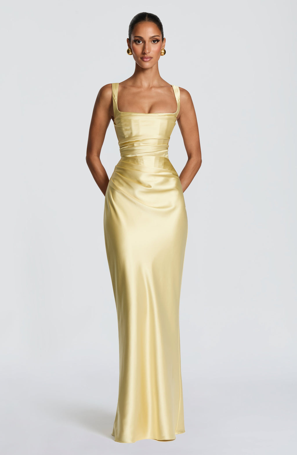 Vestido de graduación largo amarillo limón de satén - Carlota™ Ana Ibiza