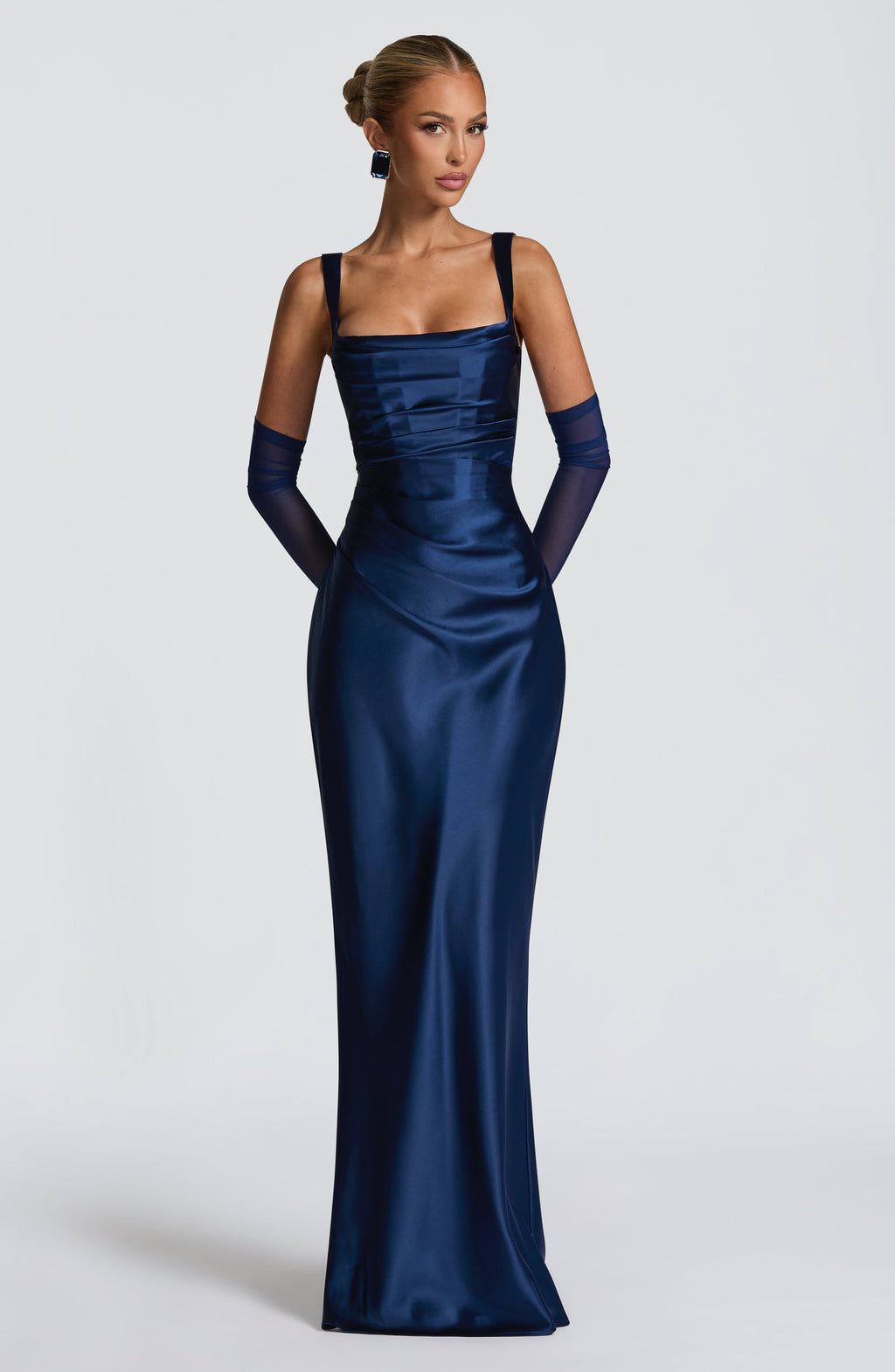 Vestido de graduación largo azul marino de satén - Carlota™ Ana Ibiza
