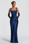 Vestido de graduación largo azul marino de satén - Carlota™ Ana Ibiza