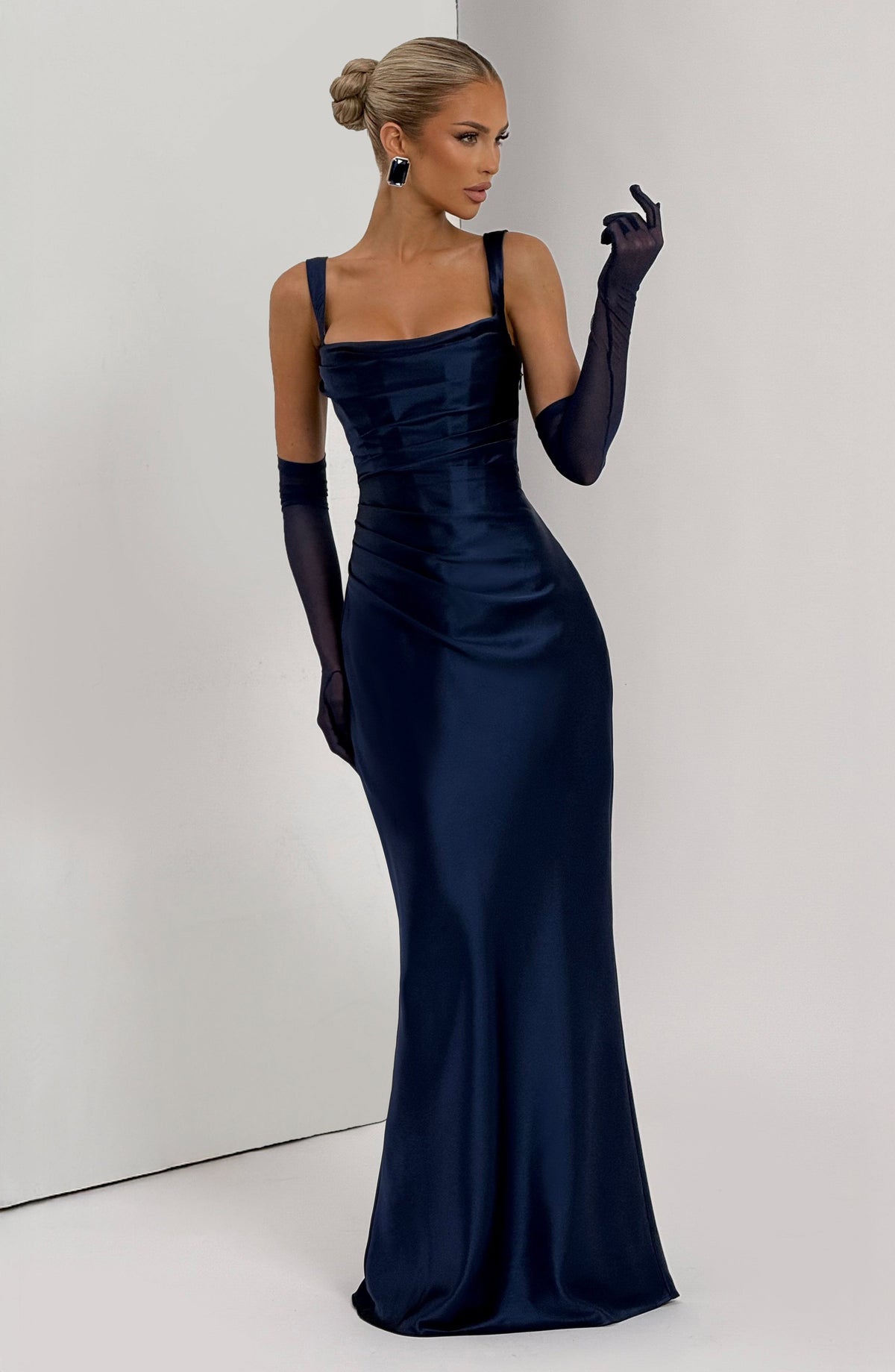 Vestido de satén Carlota™ azul marino con corsé, foto 7