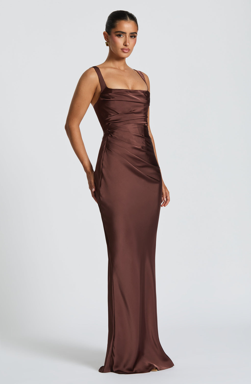 Vestido de evento Carlota™ ciruela en satén con corsé, foto 4