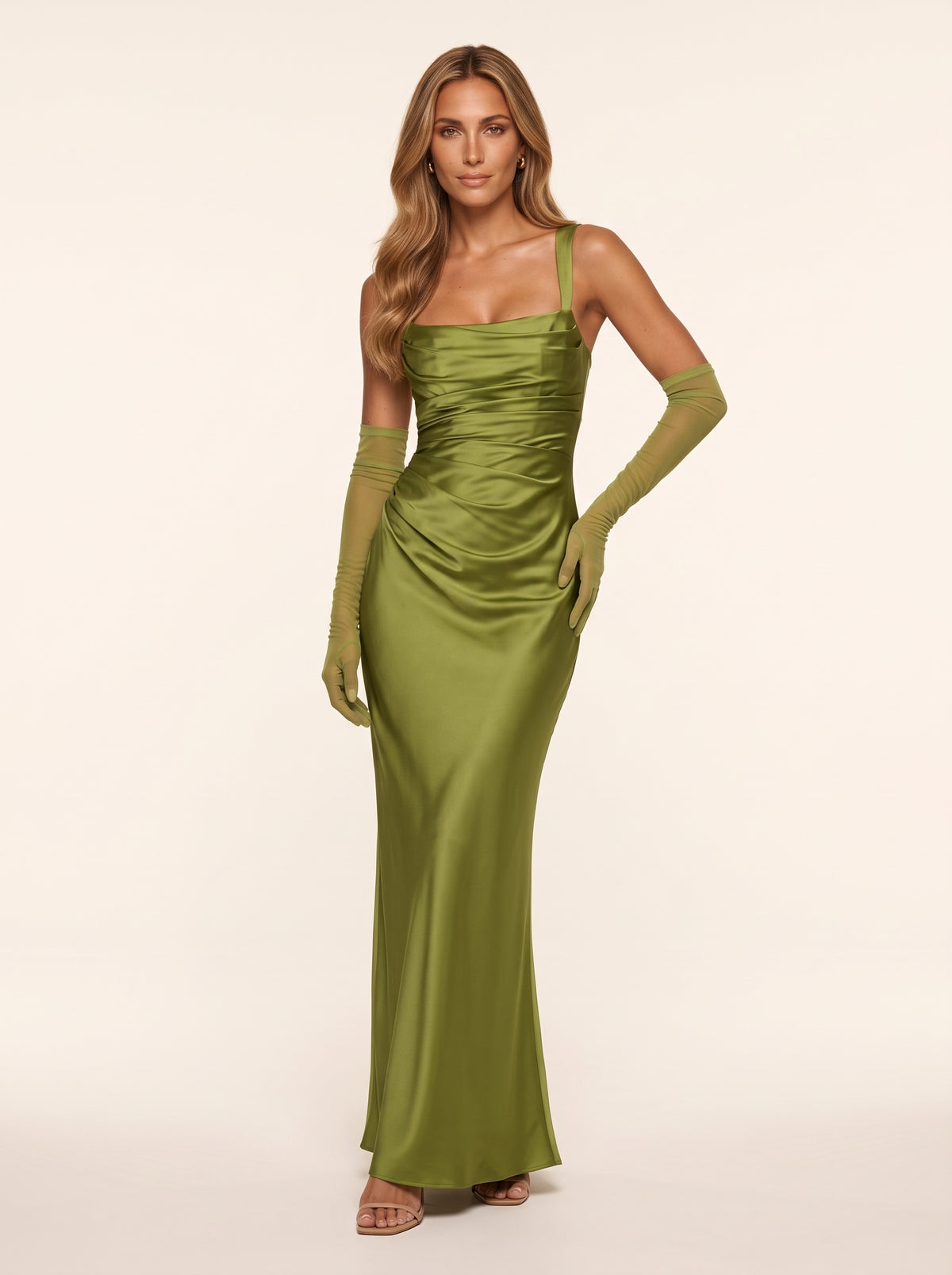 Carlota™ - Vestido Largo de Satén Oliva