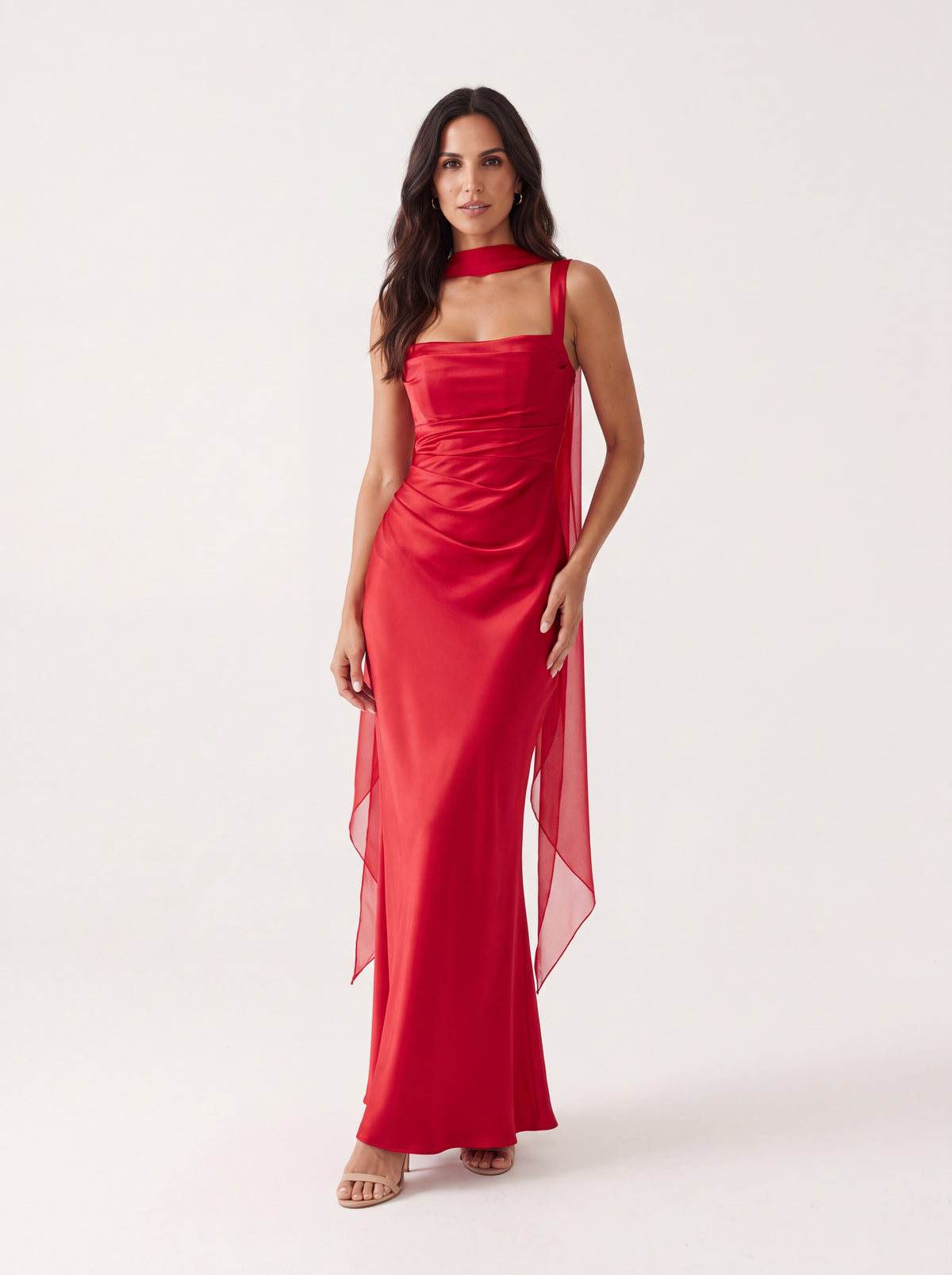 Carlota™ - Vestido Largo de Satén Rojo